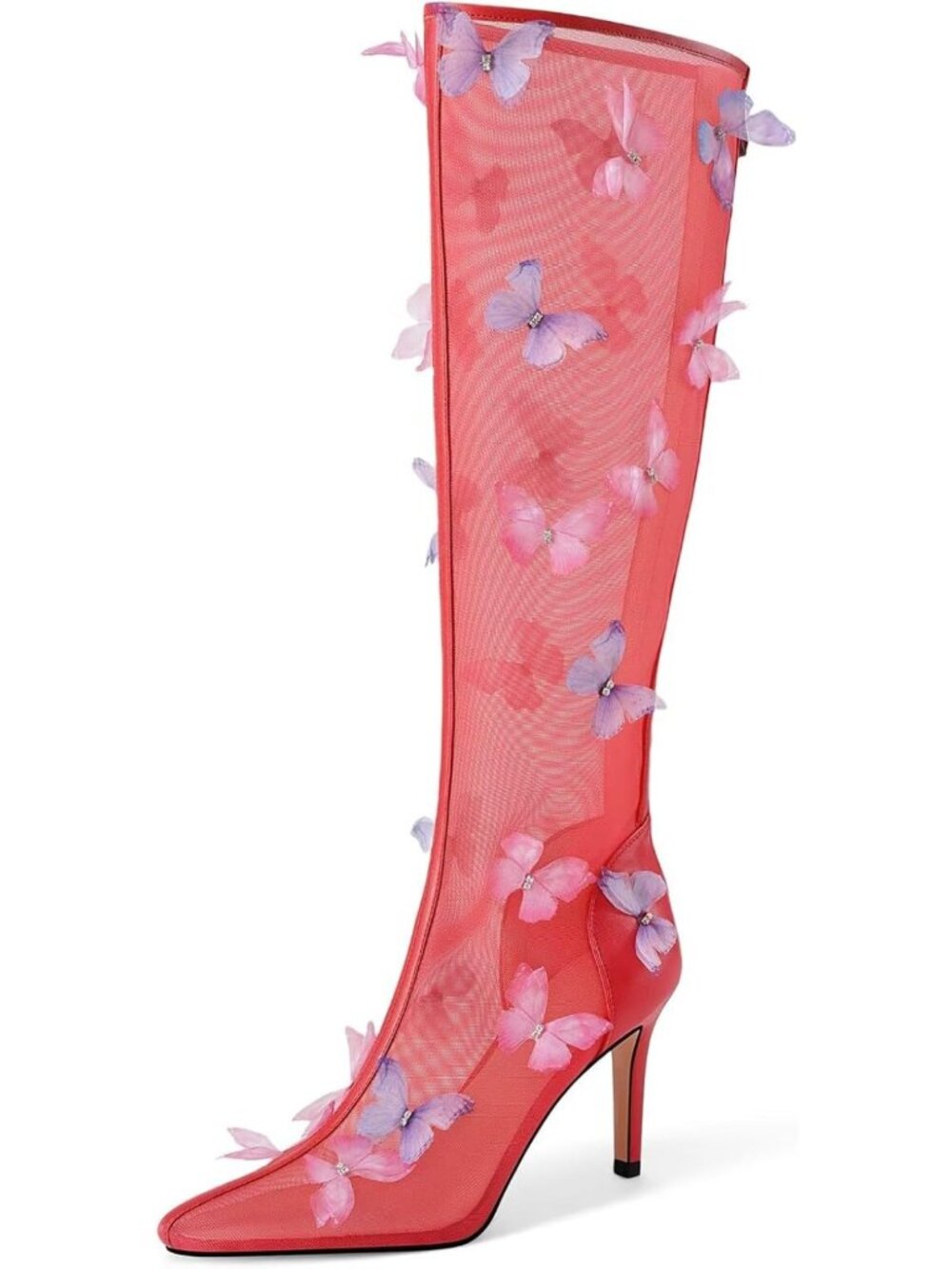 Clear Knee High Stiletto Heels | Butterfly Pointed Toe Mesh Boots | Sexy Wedding